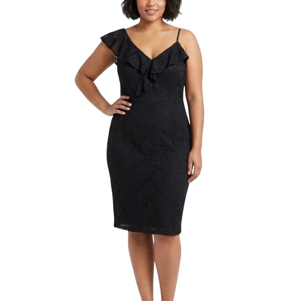 Ralph Lauren Black Cocktail Dress Lace Ruffled One Shoulder Sheath Size 16